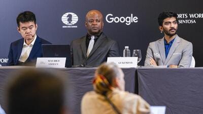 India's D Gukesh (R) and China’s Ding Liren (L) and American Chess Grandmaster Maurice Ashley during a press conference. (PTI) India's D Gukesh (R) and China’s Ding Liren (L) and American Chess Grandmaster Maurice Ashley during a press conference. (PTI)