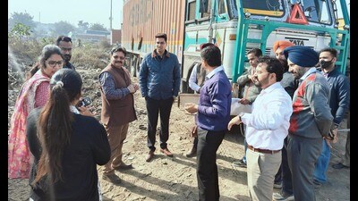 MC officials during an inspection in Bilga village of Ludhiana on Wednesday. (HT photo)