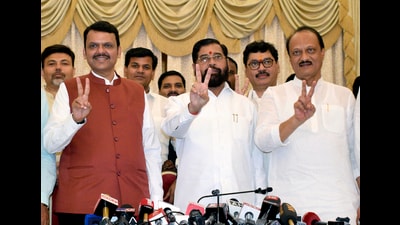 Mumbai, Dec 04 (ANI): Shiv Sena chief Eknath Shinde, BJP leader Devendra Fadnavis and NCP chief Ajit Pawar show victory signs after staking claim to form the government in Maharashtra, at Raj Bhawan in Mumbai on Wednesday. (ANI Photo) (Deepak Salvi) Mumbai, Dec 04 (ANI): Shiv Sena chief Eknath Shinde, BJP leader Devendra Fadnavis and NCP chief Ajit Pawar show victory signs after staking claim to form the government in Maharashtra, at Raj Bhawan in Mumbai on Wednesday. (ANI Photo) (Deepak Salvi)