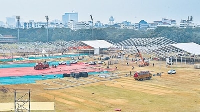 Mumbai, India - Dec. 3, 2024: Preparation for Swearing ceremony at Azad Maidan, in Mumbai, India, on Tuesday, December 3, 2024. (Photo by Anshuman Poyrekar/ Hindustan Times) (Hindustan Times) Mumbai, India - Dec. 3, 2024: Preparation for Swearing ceremony at Azad Maidan, in Mumbai, India, on Tuesday, December 3, 2024. (Photo by Anshuman Poyrekar/ Hindustan Times) (Hindustan Times)