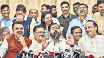 Mumbai, India - Dec. 4, 2024: Mahayuti Alliance under the leadership of Devendra Fadanvis addressing media after meeting with the ministry list to Governor of Maharashtra C.P.Radakrishnan in presence Shivsena leader Eknath Shinde, NCP leader Ajitdada Pawar,Chandrashekhar Bawankule,Praful Patel,Sunil Tatkare in Mumbai, India, on Wednesday, December 4, 2024. (Photo by Satish Bate/ Hindustan Times) (Hindustan Times) Mumbai, India - Dec. 4, 2024: Mahayuti Alliance under the leadership of Devendra Fadanvis addressing media after meeting with the ministry list to Governor of Maharashtra C.P.Radakrishnan in presence Shivsena leader Eknath Shinde, NCP leader Ajitdada Pawar,Chandrashekhar Bawankule,Praful Patel,Sunil Tatkare in Mumbai, India, on Wednesday, December 4, 2024. (Photo by Satish Bate/ Hindustan Times) (Hindustan Times)