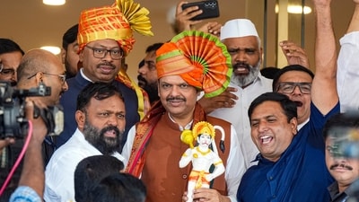 Mumbai: BJP leaders Devendra Fadnavis and Chandrashekhar Bawankule and others after the BJP legislature meeting. (PTI) Mumbai: BJP leaders Devendra Fadnavis and Chandrashekhar Bawankule and others after the BJP legislature meeting. (PTI)