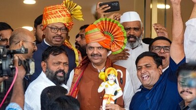 BJP leaders Devendra Fadnavis and Chandrashekhar Bawankule and others after the BJP legislature meeting at Vidhan Bhavan in Mumbai on Wednesday. (PTI Photo) (PTI) BJP leaders Devendra Fadnavis and Chandrashekhar Bawankule and others after the BJP legislature meeting at Vidhan Bhavan in Mumbai on Wednesday. (PTI Photo) (PTI)