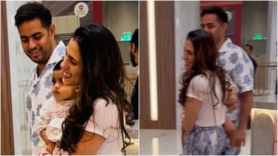 Shloka Mehta and Akash Ambani with their daughter Veda. Shloka Mehta and Akash Ambani with their daughter Veda.