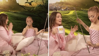 Ariana Grande fought back tears as Drew Barrymore surprised her with the original Glinda's wand Ariana Grande fought back tears as Drew Barrymore surprised her with the original Glinda's wand