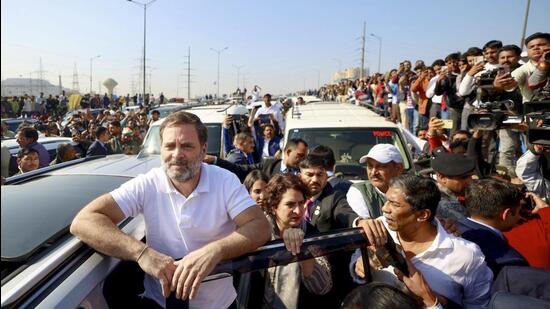 Rahul Gandhi and Priyanka Gandhi Vadra after they were stopped at the Ghazipur border on their way to Sambhal on Wednesday. (PTI Photo)