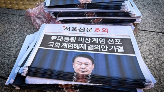 Extra edition newspapers are displayed at a subway gate in downtown Seoul on December 4, 2024, after martial law was lifted. South Korean President Yoon Suk Yeol abandoned a short-lived attempt at martial law on December 4, after lawmakers defied security forces to vote against his declaration and thousands of protesters took to the streets. (AFP)