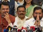 Mahayuti alliance under the leadership of Devendra Fadanvis addressing media after meeting with the ministry list to Governor of Maharashtra CP Radakrishnan in the presence of Shiv Sena leader Eknath Shinde, NCP leader Ajit Pawar in Mumbai.  (Satish Bate/ Hindustan Times)
