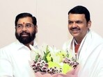 Shiv Sena chief Eknath Shinde greets BJP leader Devendra Fadnavis as he is elected as Maharashtra BJP Legislative Party leader. Shiv Sena chief Eknath Shinde greets BJP leader Devendra Fadnavis as he is elected as Maharashtra BJP Legislative Party leader.