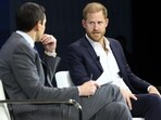 NYT Columnist Andrew Ross Sorkin and Prince Harry, The Duke of Sussex, speak during the New York Times annual DealBook summit at Jazz at Lincoln Center on December 04, 2024 in New York City. 