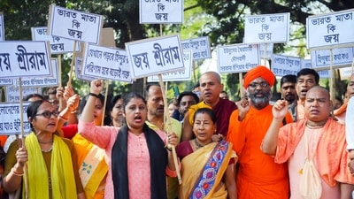 Members and supporters of 'Hindu Sangarsh Samity' during a protest march in Agartala (Abhisek Saha) Members and supporters of 'Hindu Sangarsh Samity' during a protest march in Agartala (Abhisek Saha)