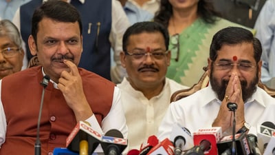 Mahayuti alliance under the leadership of Devendra Fadanvis addressing media after meeting with the ministry list to Governor of Maharashtra CP Radakrishnan in the presence of Shiv Sena leader Eknath Shinde, NCP leader Ajit Pawar in Mumbai. (Satish Bate/ Hindustan Times) Mahayuti alliance under the leadership of Devendra Fadanvis addressing media after meeting with the ministry list to Governor of Maharashtra CP Radakrishnan in the presence of Shiv Sena leader Eknath Shinde, NCP leader Ajit Pawar in Mumbai. (Satish Bate/ Hindustan Times)