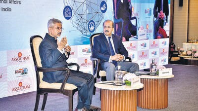 External Affairs Minister S Jaishankar speaks on 'Enhancing Bharat’s global partnerships' during ASSOCHAM's Bharat@100 Summit, in New Delhi, on Thursday. (PTI)