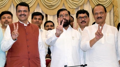 Shiv Sena chief Eknath Shinde, BJP leader Devendra Fadnavis and NCP chief Ajit Pawar show victory signs after staking claim to form the government in Maharashtra, at Raj Bhawan in Mumbai on Wednesday. (ANI) Shiv Sena chief Eknath Shinde, BJP leader Devendra Fadnavis and NCP chief Ajit Pawar show victory signs after staking claim to form the government in Maharashtra, at Raj Bhawan in Mumbai on Wednesday. (ANI)