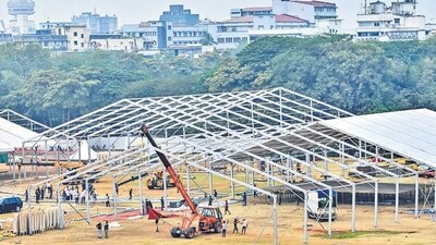 Mumbai, India - Dec. 3, 2024: Preparation for Swearing ceremony at Azad Maidan, in Mumbai, India, on Tuesday, December 3, 2024. (Photo by Anshuman Poyrekar/ Hindustan Times) (Hindustan Times)