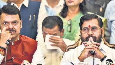 Mumbai, India - Dec. 4, 2024: Mahayuti Alliance under the leadership of Devendra Fadanvis addressing media after meeting with the ministry list to Governor of Maharashtra C.P.Radakrishnan in presence Shivsena leader Eknath Shinde, NCP leader Ajitdada Pawar,Chandrashekhar Bawankule,Praful Patel,Sunil Tatkare in Mumbai, India, on Wednesday, December 4, 2024. (Photo by Satish Bate/ Hindustan Times) (Hindustan Times)
