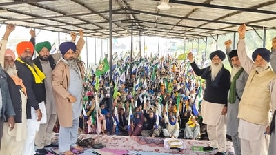 Farmer leader Sarwan Singh Pandher and others at Shambhu border, a day before the farmers' 'Delhi Chalo' march (PTI) Farmer leader Sarwan Singh Pandher and others at Shambhu border, a day before the farmers' 'Delhi Chalo' march (PTI)