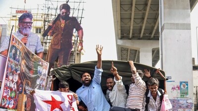 SFI and DYFI supporters being detained during a protest after the death of a woman during the premiere show of ‘Pushpa 2’, in Hyderabad on Thursday. (PTI) SFI and DYFI supporters being detained during a protest after the death of a woman during the premiere show of ‘Pushpa 2’, in Hyderabad on Thursday. (PTI)