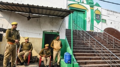 State police personnel deployed outside the Shahi Jama Masjid following religious violence in Sambhal on November 25, 2024. (AFP) State police personnel deployed outside the Shahi Jama Masjid following religious violence in Sambhal on November 25, 2024. (AFP)