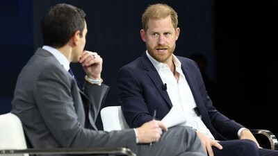 NYT Columnist Andrew Ross Sorkin and Prince Harry, The Duke of Sussex, speak during the New York Times annual DealBook summit at Jazz at Lincoln Center on December 04, 2024 in New York City. (Getty Images via AFP)