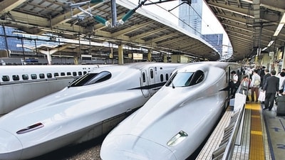 The foundation stone for the Mumbai to Ahmedabad bullet train project was laid by Prime Minister Narendra Modi and his Japanese counterpart Shinto Abe in 2017. Representative Image. (AP) The foundation stone for the Mumbai to Ahmedabad bullet train project was laid by Prime Minister Narendra Modi and his Japanese counterpart Shinto Abe in 2017. Representative Image. (AP)