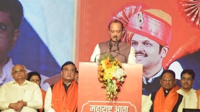 NCP's Ajit Pawar also took oath as deputy chief minister, wearing a pink jacket reminiscent of his “Maharashtra chooses pink” campaign during the assembly elections (Yogesh Naik/ Hindustan Times) NCP's Ajit Pawar also took oath as deputy chief minister, wearing a pink jacket reminiscent of his “Maharashtra chooses pink” campaign during the assembly elections (Yogesh Naik/ Hindustan Times)
