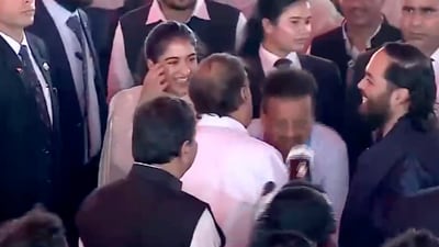 The Ambani family was seen interacting with guests ahead of the oath ceremony. (X/ANI) The Ambani family was seen interacting with guests ahead of the oath ceremony. (X/ANI)