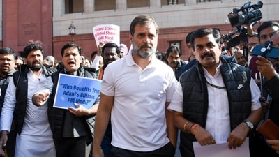 Leader of Opposition in Lok Sabha Rahul Gandhi with opposition MPs stage a protest over the Gautam Adani indictment issue during the winter session, at Parliament premises in New Delhi on Thursday (ANI) Leader of Opposition in Lok Sabha Rahul Gandhi with opposition MPs stage a protest over the Gautam Adani indictment issue during the winter session, at Parliament premises in New Delhi on Thursday (ANI)