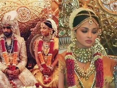 Aishwarya Rai wore a gold saree to marry Abhishek Bachchan. Aishwarya Rai wore a gold saree to marry Abhishek Bachchan.