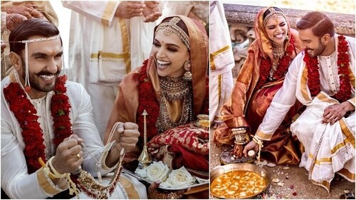 Deepika Padukone wore a gold rust saree to marry Ranveer Singh. Deepika Padukone wore a gold rust saree to marry Ranveer Singh.