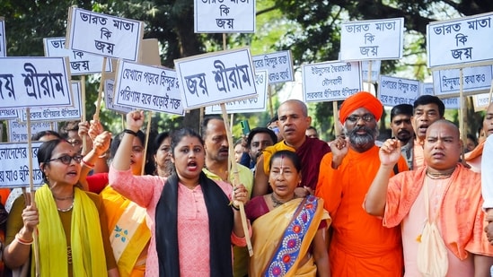 Members and supporters of 'Hindu Sangarsh Samity' during a protest march in Agartala (Abhisek Saha)