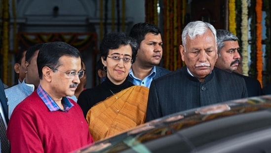 Delhi Vidhan Sabha speaker Ram Niwas Goel, with current Delhi chief minister Atishi and AAP national convenor Arvind Kejriwal. (Raj K Raj/HT Photo)