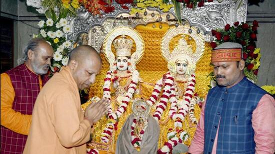 Uttar Pradesh chief minister Yogi Adityanath offers prayers at Ram Janaki temple in Ayodhya. (PTI PHOTO)