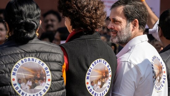 Leader of Opposition in the Lok Sabha Rahul Gandhi with Congress MP Priyanka Gandhi at a protest of opposition MPs during the Winter session of Parliament, in New Delhi, Thursday, Dec. 5, 2024. (PTI)