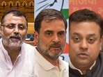BJP MP Nishikant Dubey, Lok Sabha leader of opposition Rahul Gandhi and BJP MP Sambit Patra