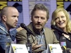 Aaron Paul, from left, Bryan Cranston and Anna Gunn attend the Breaking Bad 10th Anniversary panel on day one of Comic-Con International.
