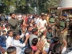 Police at the college trying to pacify students