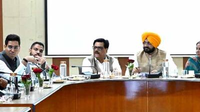 Cabinet minister Tarunpreet Singh Sond at a review meeting in Ludhiana on Friday. (HT Photo)