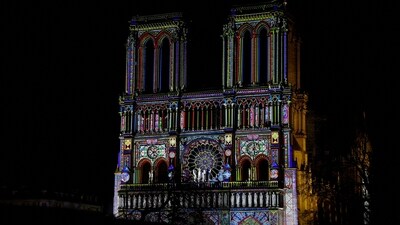 View of a light show rehearsal on the facade of the Notre Dame de Paris Cathedral, five-and-a-half years after a fire ravaged the Gothic masterpiece, on the eve of reopening ceremonies in Paris. (REUTERS)