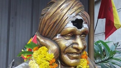 The statue, which was installed five years ago by the Jaya Karnataka Janapara Vedike near Veerabhadranagar bus stand in Girinagar, was defaced on November 30. (X/ Arvind Bellad) The statue, which was installed five years ago by the Jaya Karnataka Janapara Vedike near Veerabhadranagar bus stand in Girinagar, was defaced on November 30. (X/ Arvind Bellad)