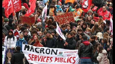 Protesters take part in a demonstration as part of a day of nation-wide strikes and demonstrations called by unions representing civil service agents, as part of a day of action and strike in the public sector, in Strasbourg, eastern France, on December 5, 2024. Civil servants in France are mobilizing on December 5, 2024 for a day of action and strikes called by public service unions to open up a social front in the midst of a political crisis, the day after Michel Barnier's government fell on a motion of no-confidence. (Photo by Frederick FLORIN / AFP) (AFP) Protesters take part in a demonstration as part of a day of nation-wide strikes and demonstrations called by unions representing civil service agents, as part of a day of action and strike in the public sector, in Strasbourg, eastern France, on December 5, 2024. Civil servants in France are mobilizing on December 5, 2024 for a day of action and strikes called by public service unions to open up a social front in the midst of a political crisis, the day after Michel Barnier's government fell on a motion of no-confidence. (Photo by Frederick FLORIN / AFP) (AFP)