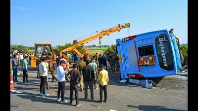 Rescue work underway after a double-decker bus collided with a tanker on Agra-Lucknow Expressway, in Kannauj district, Uttar Pradesh on Friday (PTI) Rescue work underway after a double-decker bus collided with a tanker on Agra-Lucknow Expressway, in Kannauj district, Uttar Pradesh on Friday (PTI)