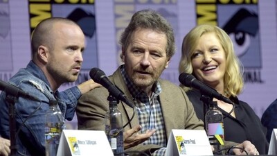 Aaron Paul, from left, Bryan Cranston and Anna Gunn attend the Breaking Bad 10th Anniversary panel on day one of Comic-Con International. (Richard Shotwell/Invision/AP) Aaron Paul, from left, Bryan Cranston and Anna Gunn attend the Breaking Bad 10th Anniversary panel on day one of Comic-Con International. (Richard Shotwell/Invision/AP)