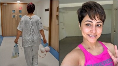 A day back, Hina shared a set of pictures of herself walking in her hospital uniform through the corridors of the hospital, carrying her drainage bag. (Instagram/@realhinakhan) A day back, Hina shared a set of pictures of herself walking in her hospital uniform through the corridors of the hospital, carrying her drainage bag. (Instagram/@realhinakhan)