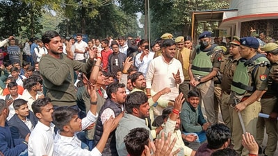 Police at the college trying to pacify students (PTI) Police at the college trying to pacify students (PTI)