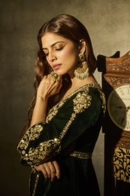 Outfit: SABE by Sanil & Beenu Makhija
The actor stuns in a sharara set from SABE by Sanil & Beenu Makhija. The ensemble features a bottle-green peplum kurta with a plunging neckline, intricately adorned with floral motifs crafted in gota patti and zari detailing. It is paired with matching brocade sharara bottoms. The look is perfectly complemented with chandbalis from Vummidi Bangaru Jewellers and a statement ring from Nornament Outfit: SABE by Sanil & Beenu Makhija
The actor stuns in a sharara set from SABE by Sanil & Beenu Makhija. The ensemble features a bottle-green peplum kurta with a plunging neckline, intricately adorned with floral motifs crafted in gota patti and zari detailing. It is paired with matching brocade sharara bottoms. The look is perfectly complemented with chandbalis from Vummidi Bangaru Jewellers and a statement ring from Nornament