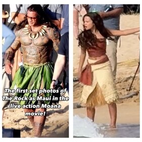 Dwanye Johnson and co-star Catherine Laga’aia on sets of Moana (instagram)