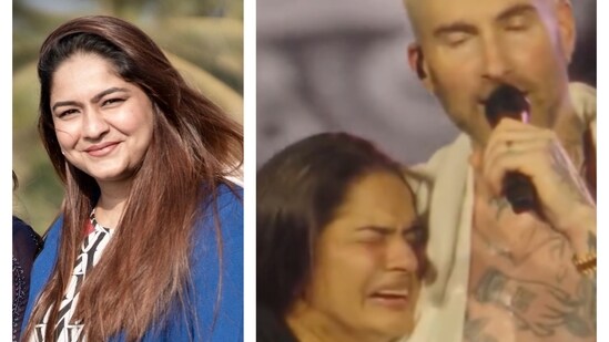 Suman Suresh; (right) she broke down as Maroon 5 frontman Adam Levine hugged her at the concert in Mumbai