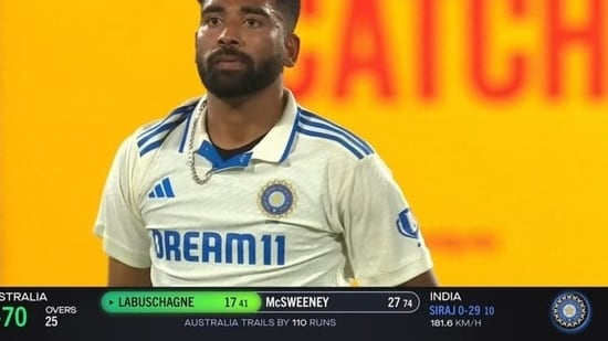 Broadcasters showed Mohammed Siraj to have bowled at 181.6 km/h after a presumed speed-gun malfunction at the Adelaide Oval. (Fox Cricket screengrab)