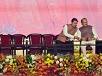 Mumbai, India - Dec. 5, 2024:Eknath Shinde, Devendra Fadnavis and Ajit Pawar arrives for the swearing ceremony at Azad Maidan, in Mumbai, India, on Thursday, December 5, 2024.  (Photo by Anshuman Poyrekar/ Hindustan Times)